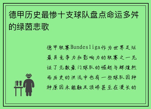 德甲历史最惨十支球队盘点命运多舛的绿茵悲歌