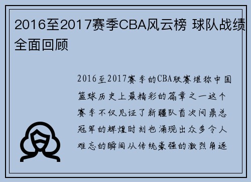 2016至2017赛季CBA风云榜 球队战绩全面回顾