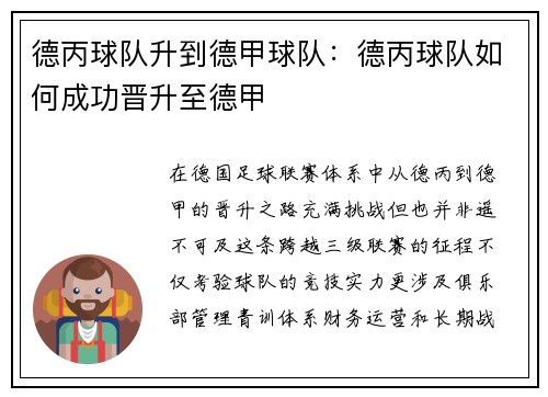 德丙球队升到德甲球队：德丙球队如何成功晋升至德甲