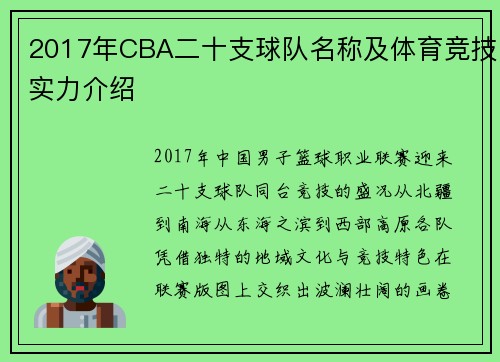 2017年CBA二十支球队名称及体育竞技实力介绍